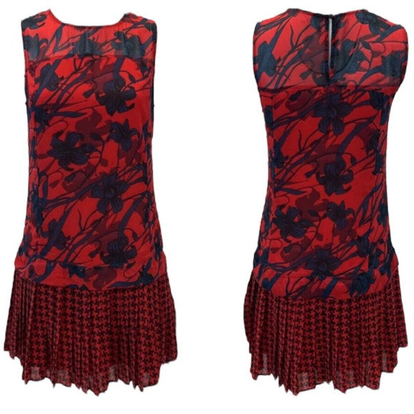 ABERCROMBIE & FITCH Floral Houndstooth Drop Waist Pleated Mini Dress Red Blue 10 - Picture 1 of 8
